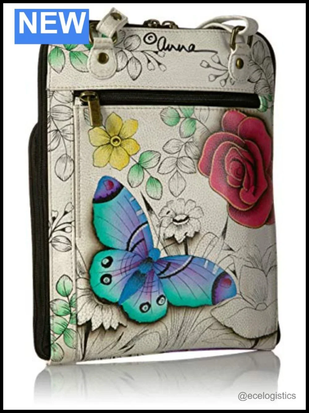 Hand Painted Leather Women's All Round Zippered Organiser Crossbody Bag with